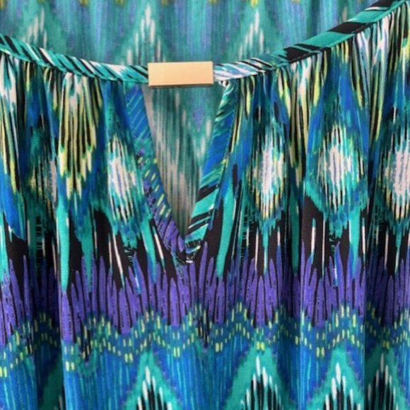 Cato 26/28W Tunic Green Blue Purple Zig Zag Keyhole Neck Boho Flair Bold Bell - Picture 6 of 7
